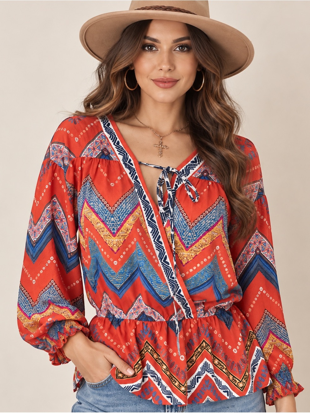 Flying Tomato Red Chevron Tie-Front Peasant Blouse